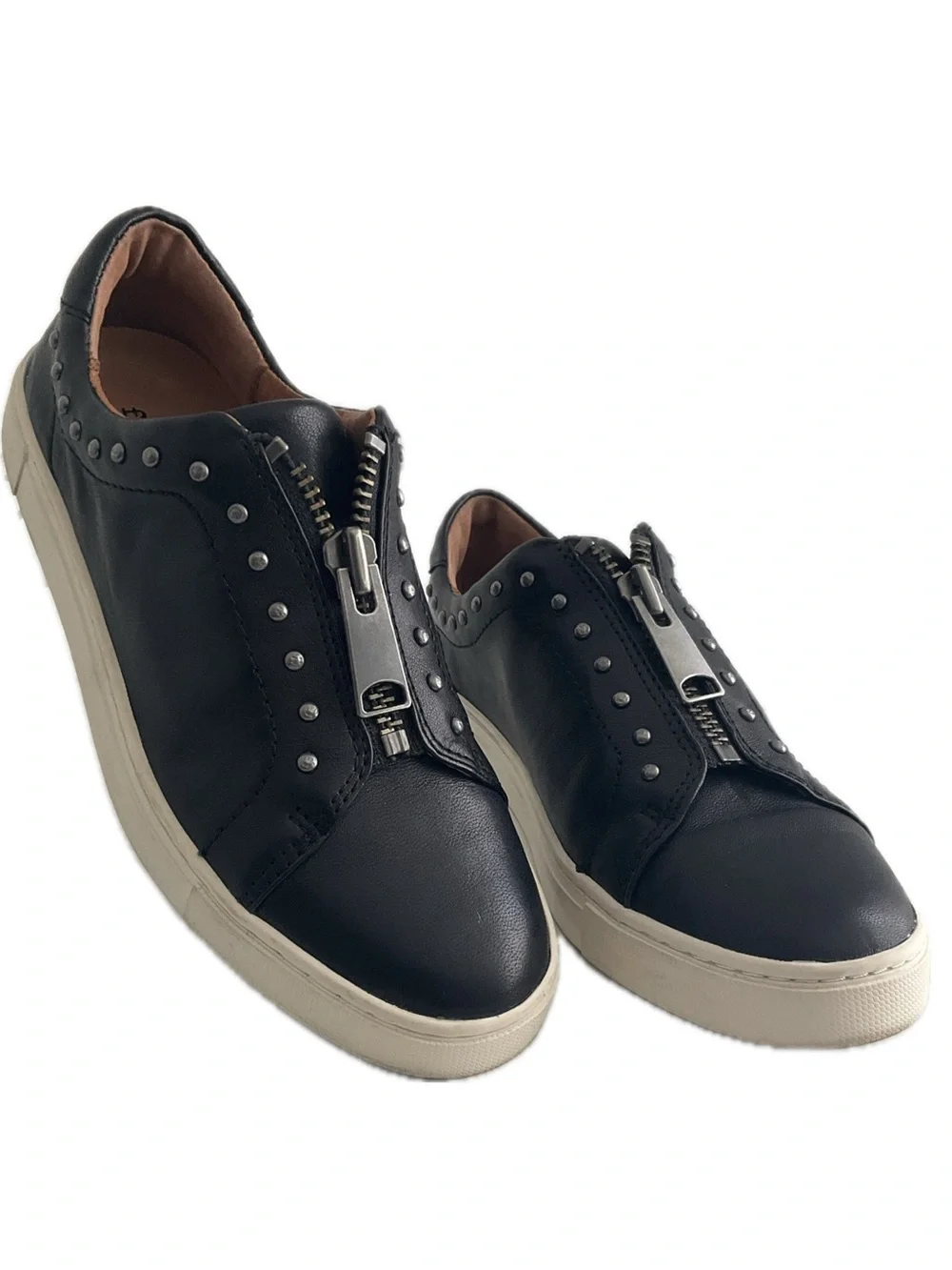 FRYE AND CO. 7 M Black Leather Zip-Front Studded Slip-On Flats - Picture 1 of 11